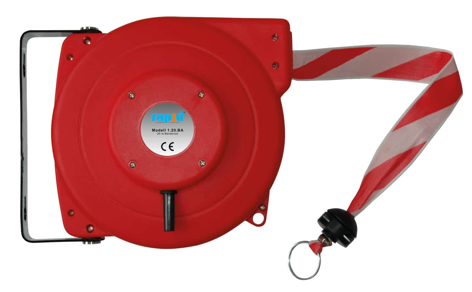 Automatischer Absperraufroller mit 20 m Banderole, 50 mm breit, rot/weiß, zur Wand- oder Deckenmontage.