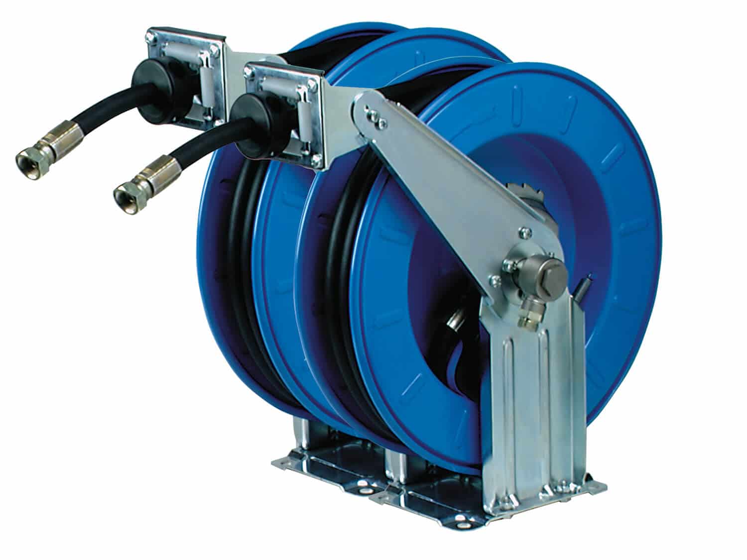 Zwei automatische Schlauchaufroller für Hydraulik mit jeweils 10 m Schlauch DN 12 auf Montageplatte, zur Wand-, Boden- oder Deckenmontage.
