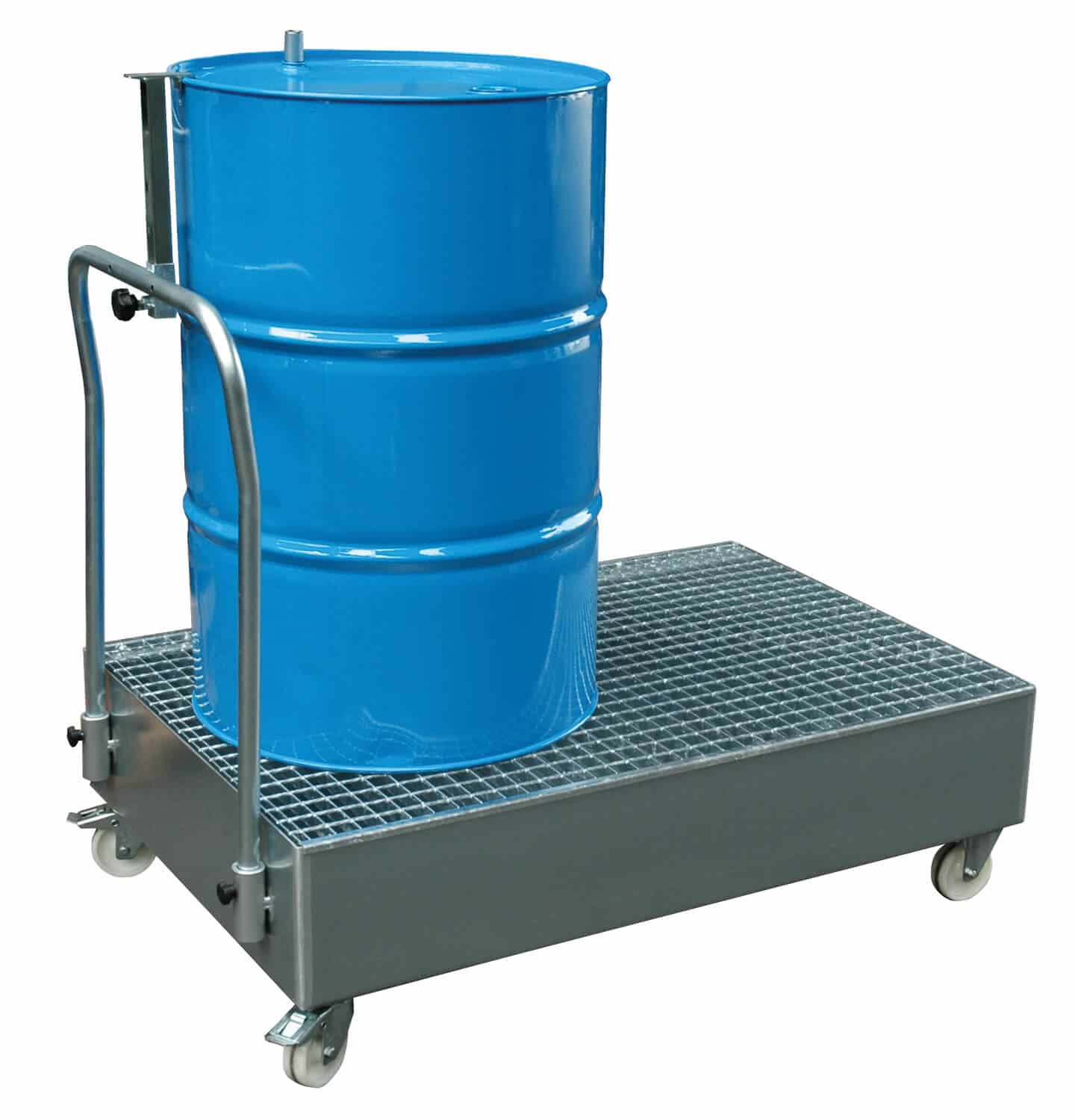 Fahrbare Auffangwanne für bis zu 2x 200 Ltr.-Fässer. Mit Gitterrost, verzinkt.