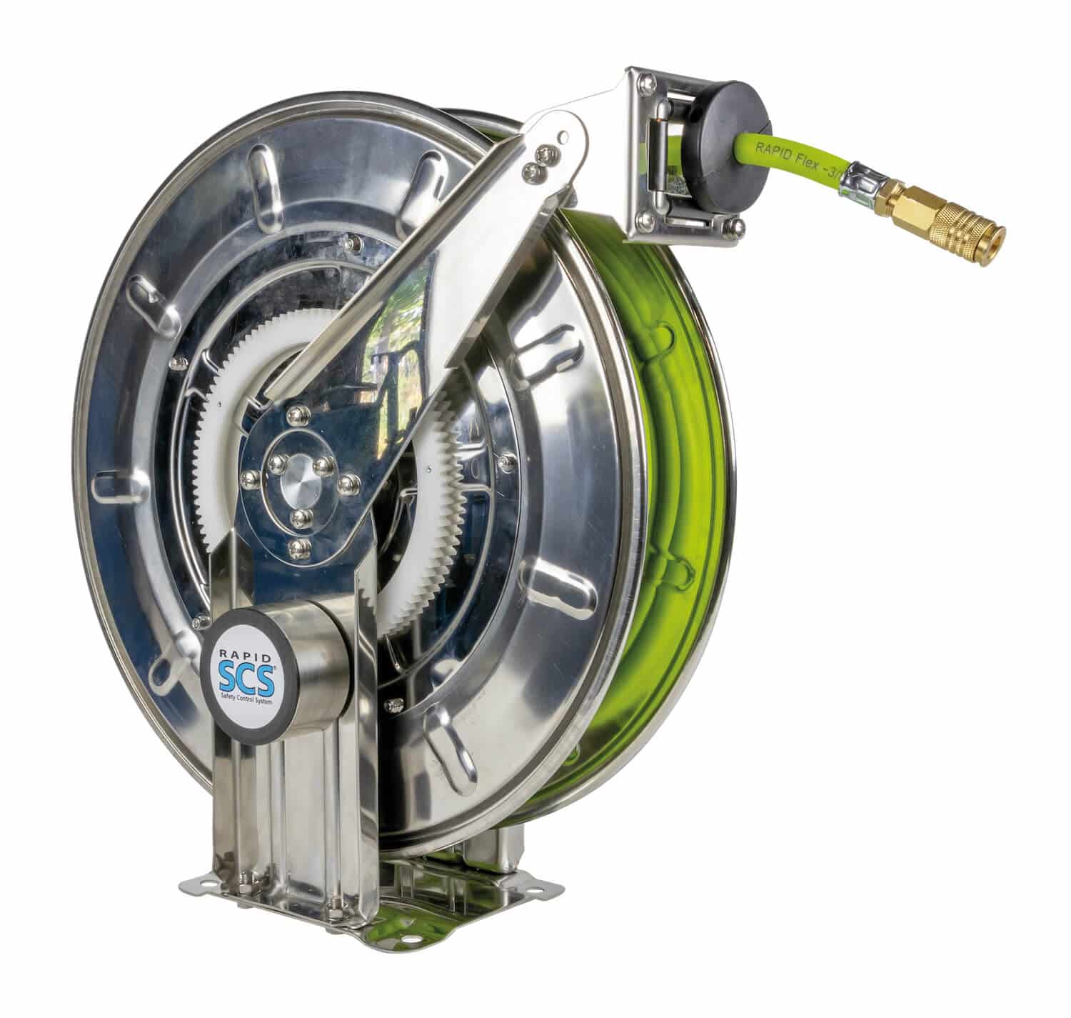 Automatischer Schlauchaufroller für Luft komplett in Edelstahl mit 12 m Spezial-Flex-Schlauch DN 10, zur Wand-, Boden- oder Deckenmontage.