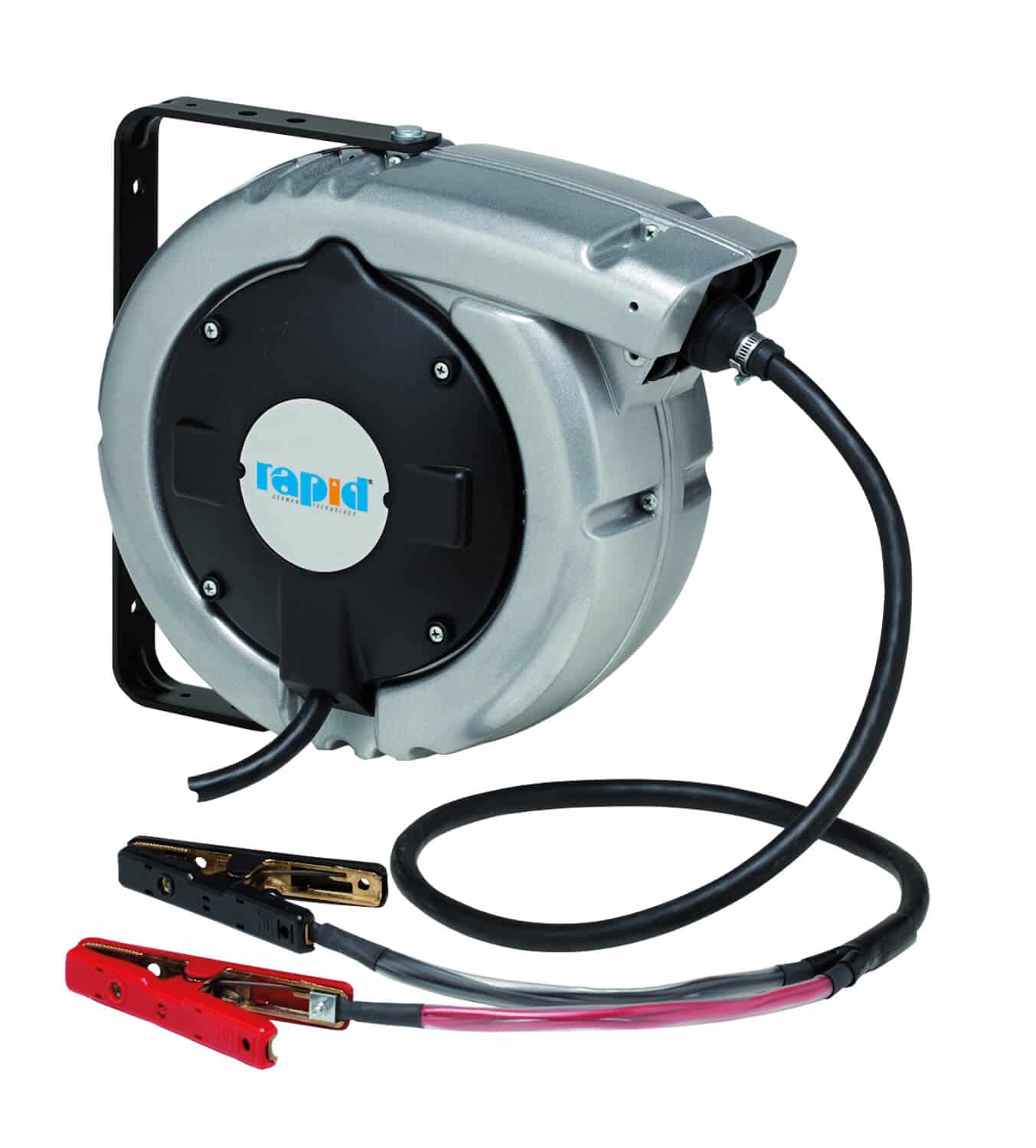 Automatischer Kabelaufroller mit 9 m Kabel und Batterieklemmen, zur Wand- oder Deckenmontage.
