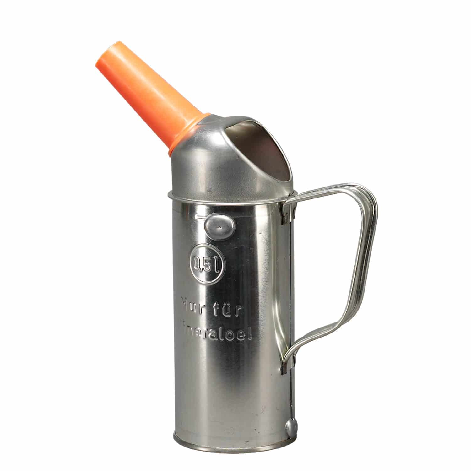 0,5 Ltr. Blechkanne mit Auslauftrichter und Maßeinteilung, eichfähig.