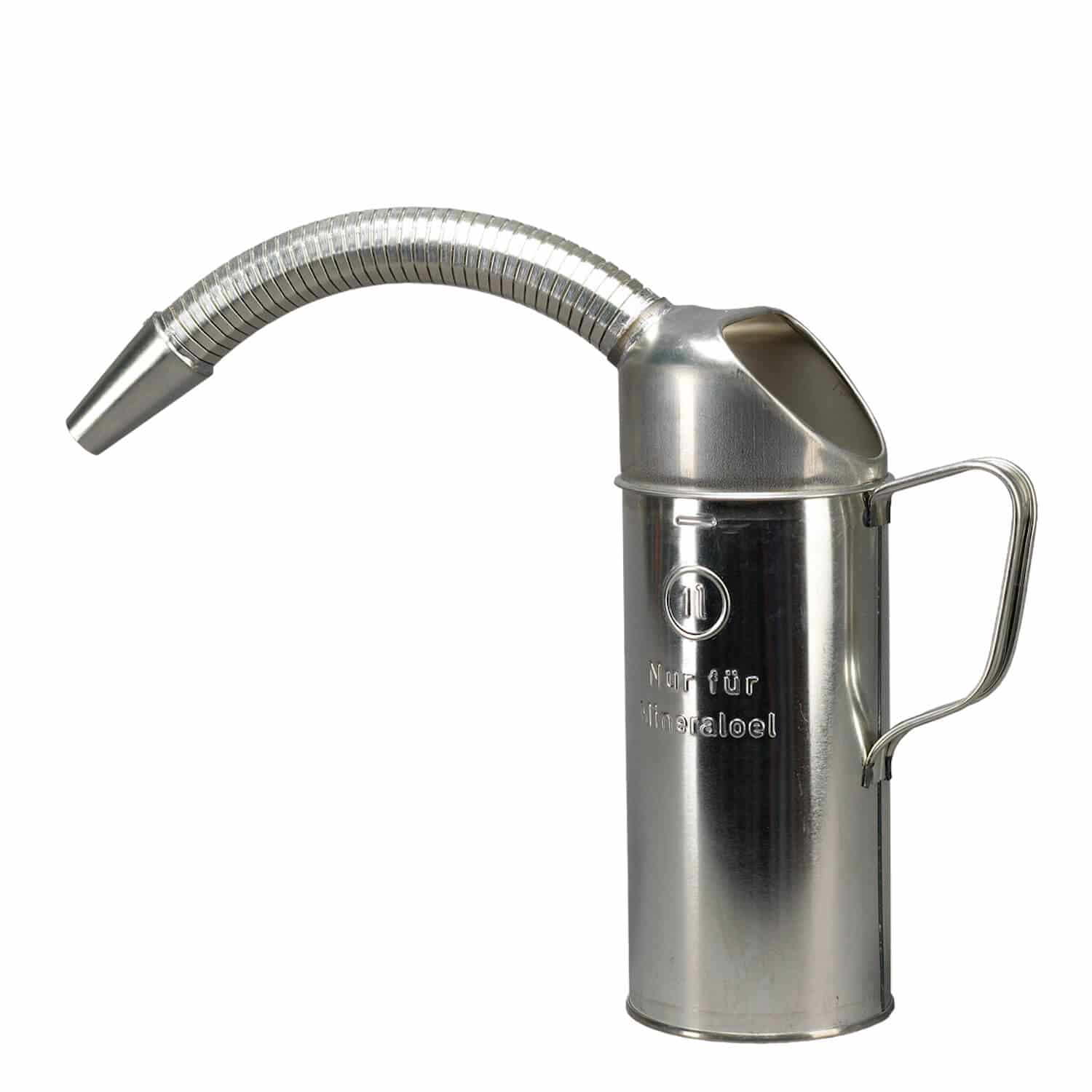 1 Ltr. Blechkanne mit flexiblem Metallauslauf und Maßeinteilung, nicht eichfähig.